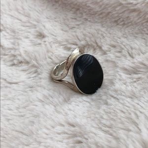Black Obsidian & Hammered Silver Ring